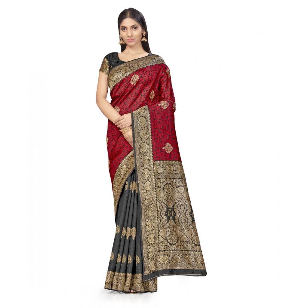 Generic Women's Banarasi Silk Saree With Blouse (Black, Red, 5-6Mtrs) - MYLUXURY LANE ENTERPRISE