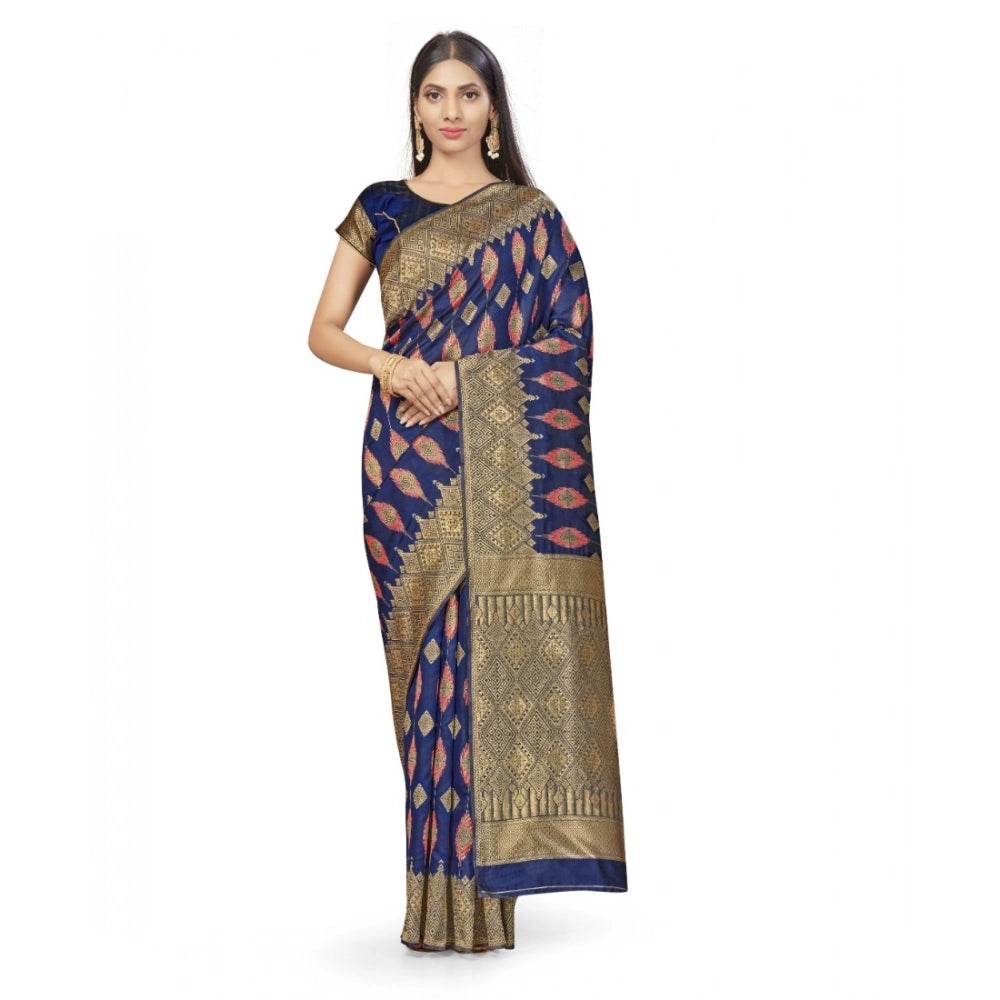 Generic Women's Banarasi Silk Saree With Blouse (Navy Blue, 5-6Mtrs) - MYLUXURY LANE ENTERPRISE