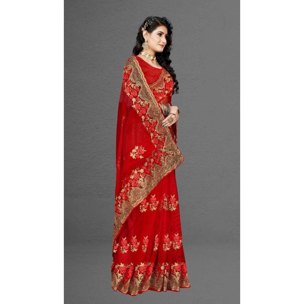 Generic Women's Net Saree With Blouse (Red, 5-6Mtrs) - MYLUXURY LANE ENTERPRISE