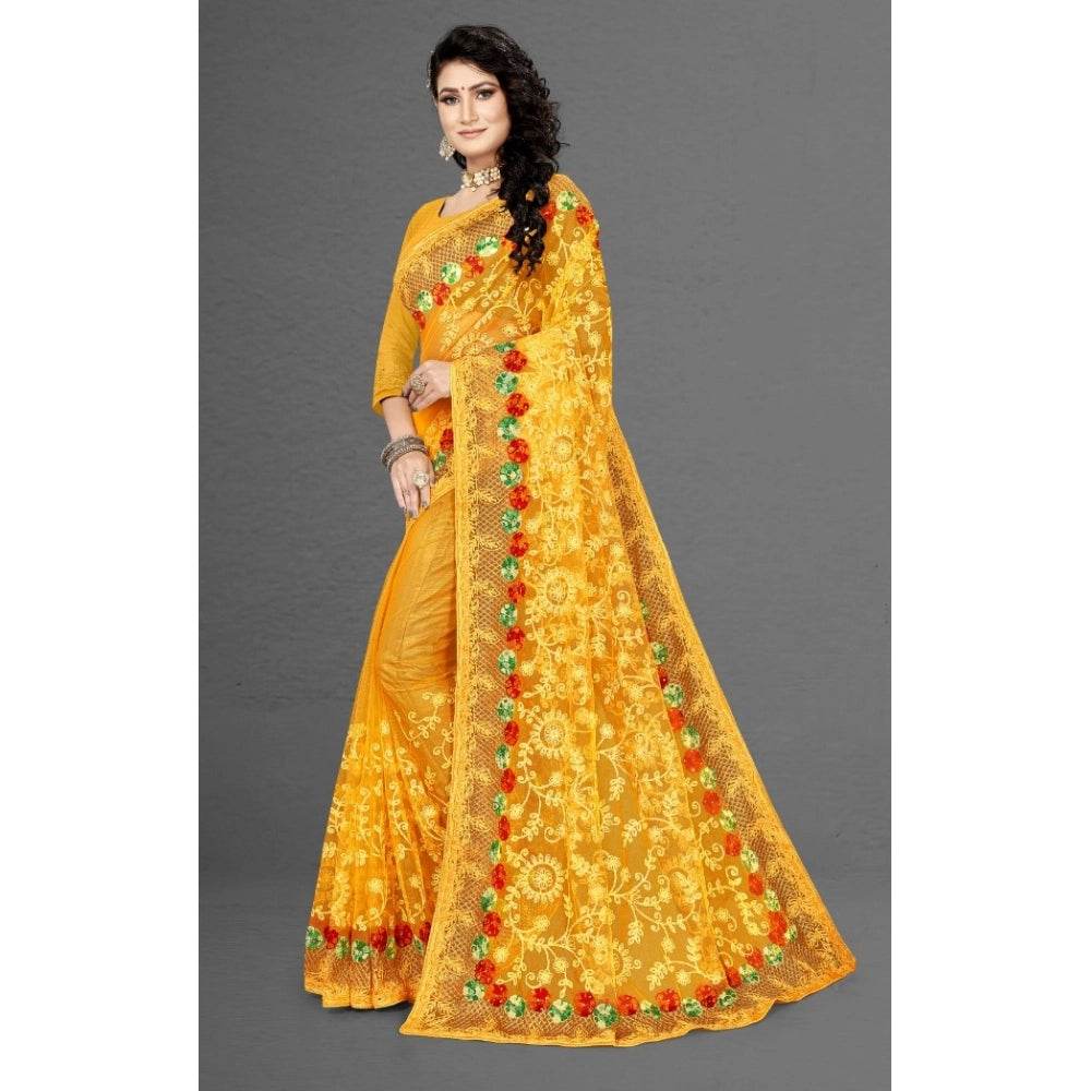 Generic Women's Net Saree With Blouse (Yellow, 5-6Mtrs) - MYLUXURY LANE ENTERPRISE