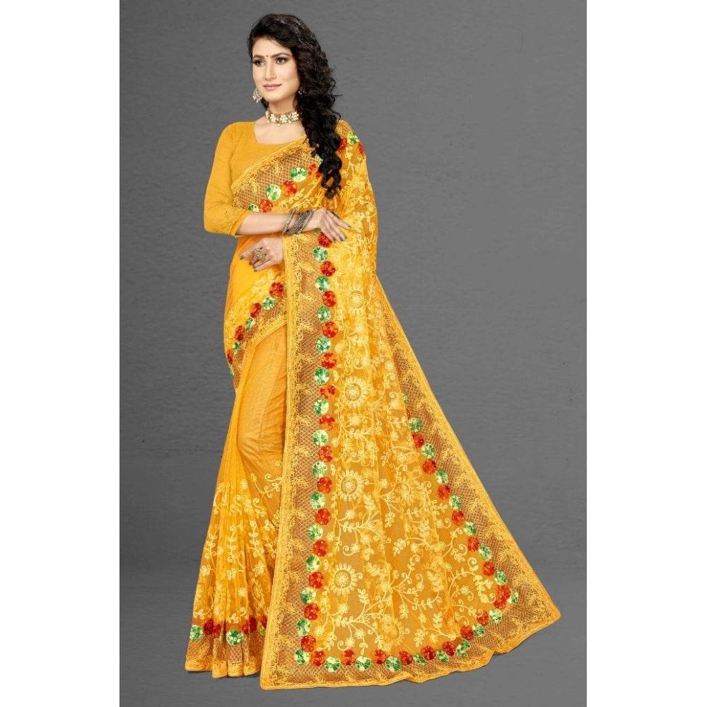 Generic Women's Net Saree With Blouse (Yellow, 5-6Mtrs) - MYLUXURY LANE ENTERPRISE