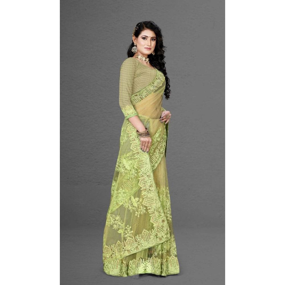 Generic Women's Net Saree With Blouse (Pista Green, 5-6Mtrs) - MYLUXURY LANE ENTERPRISE