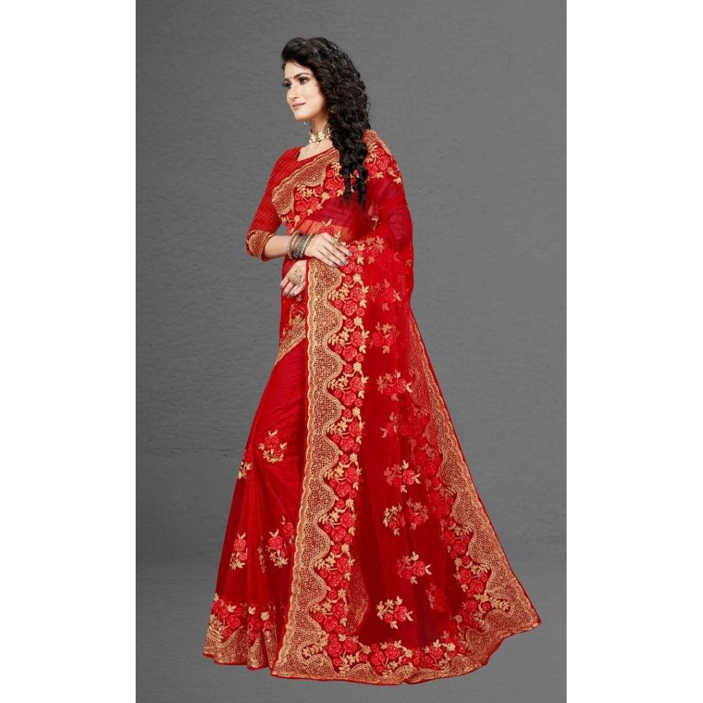 Generic Women's Net Saree With Blouse (Red, 5-6Mtrs) - MYLUXURY LANE ENTERPRISE