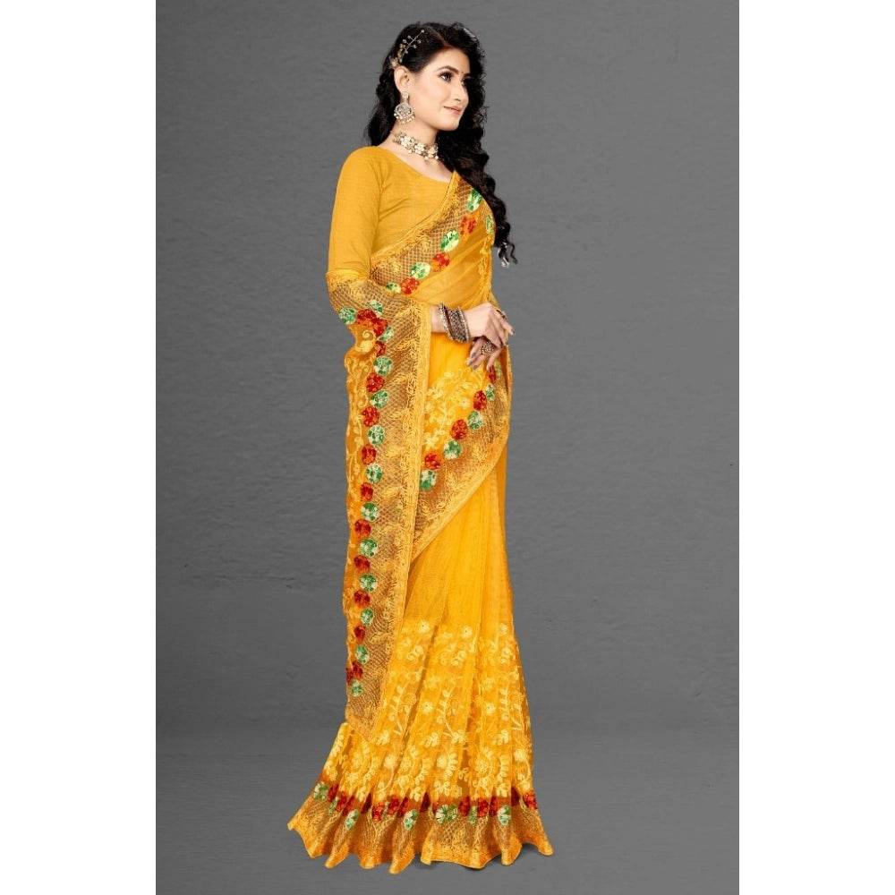 Generic Women's Net Saree With Blouse (Yellow, 5-6Mtrs) - MYLUXURY LANE ENTERPRISE