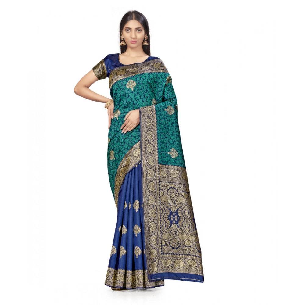 Generic Women's Banarasi Silk Saree With Blouse (Navy Blue, Rama, 5-6Mtrs) - MYLUXURY LANE ENTERPRISE