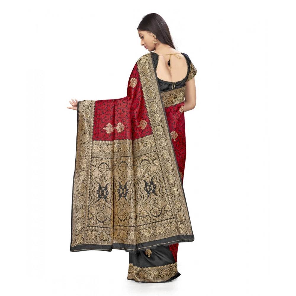 Generic Women's Banarasi Silk Saree With Blouse (Black, Red, 5-6Mtrs) - MYLUXURY LANE ENTERPRISE