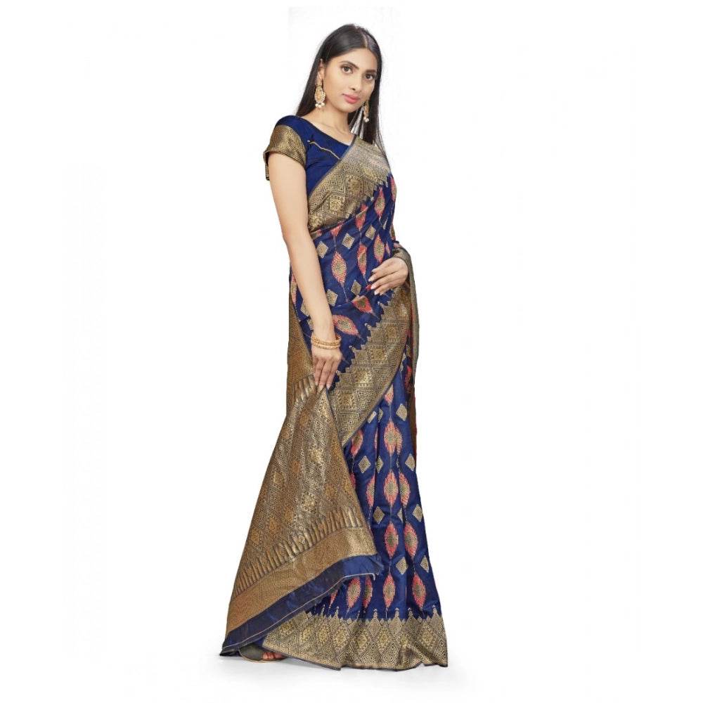 Generic Women's Banarasi Silk Saree With Blouse (Navy Blue, 5-6Mtrs) - MYLUXURY LANE ENTERPRISE