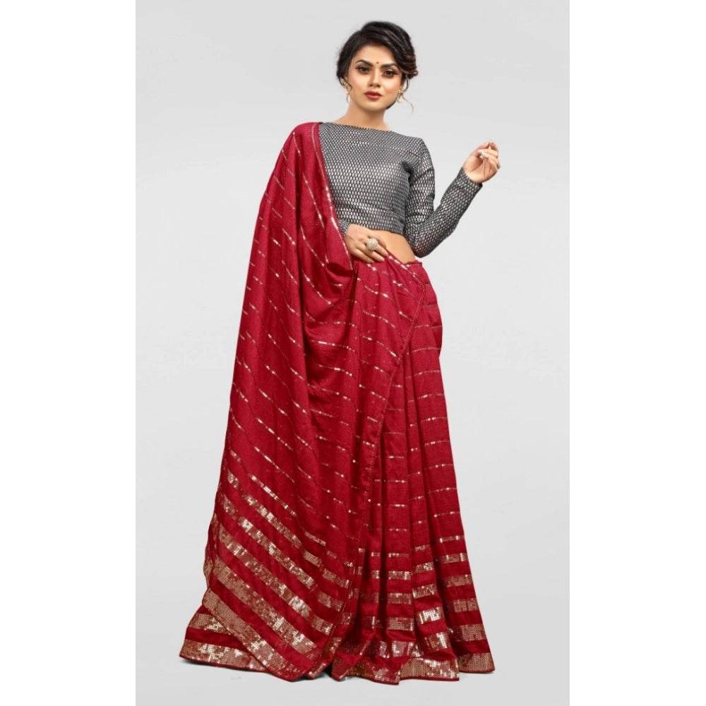 Generic Women's Vichitra Saree with Blouse (Red, 5-6 Mtrs) - MYLUXURY LANE ENTERPRISE