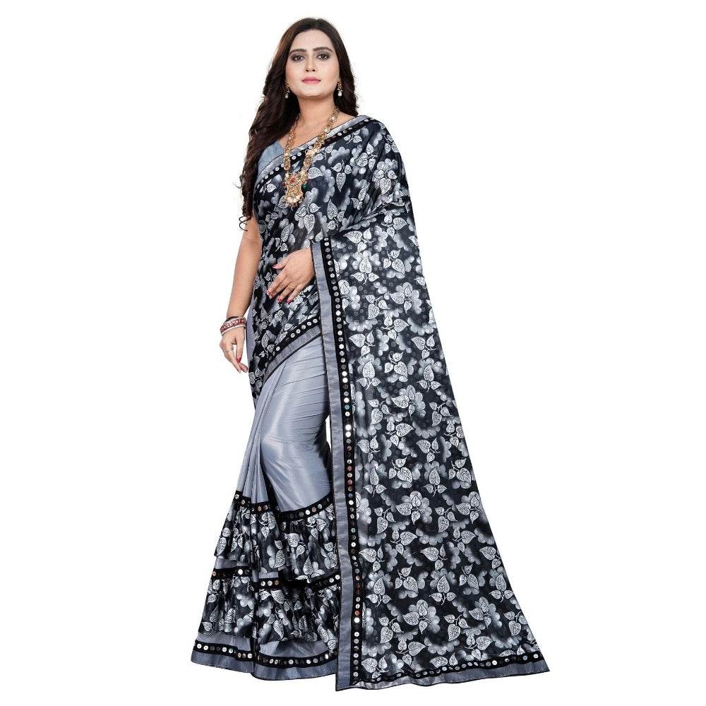 Generic Women's Lycra Blend Saree with Blouse (Grey, 5-6 Mtrs) - MYLUXURY LANE ENTERPRISE