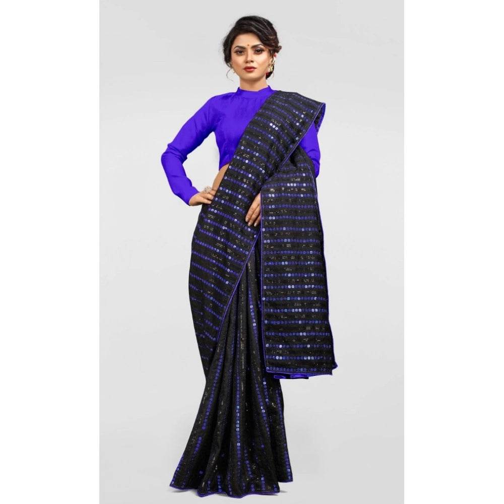 Generic Women's Vichitra Saree with Blouse (Blue, 5-6 Mtrs) - MYLUXURY LANE ENTERPRISE