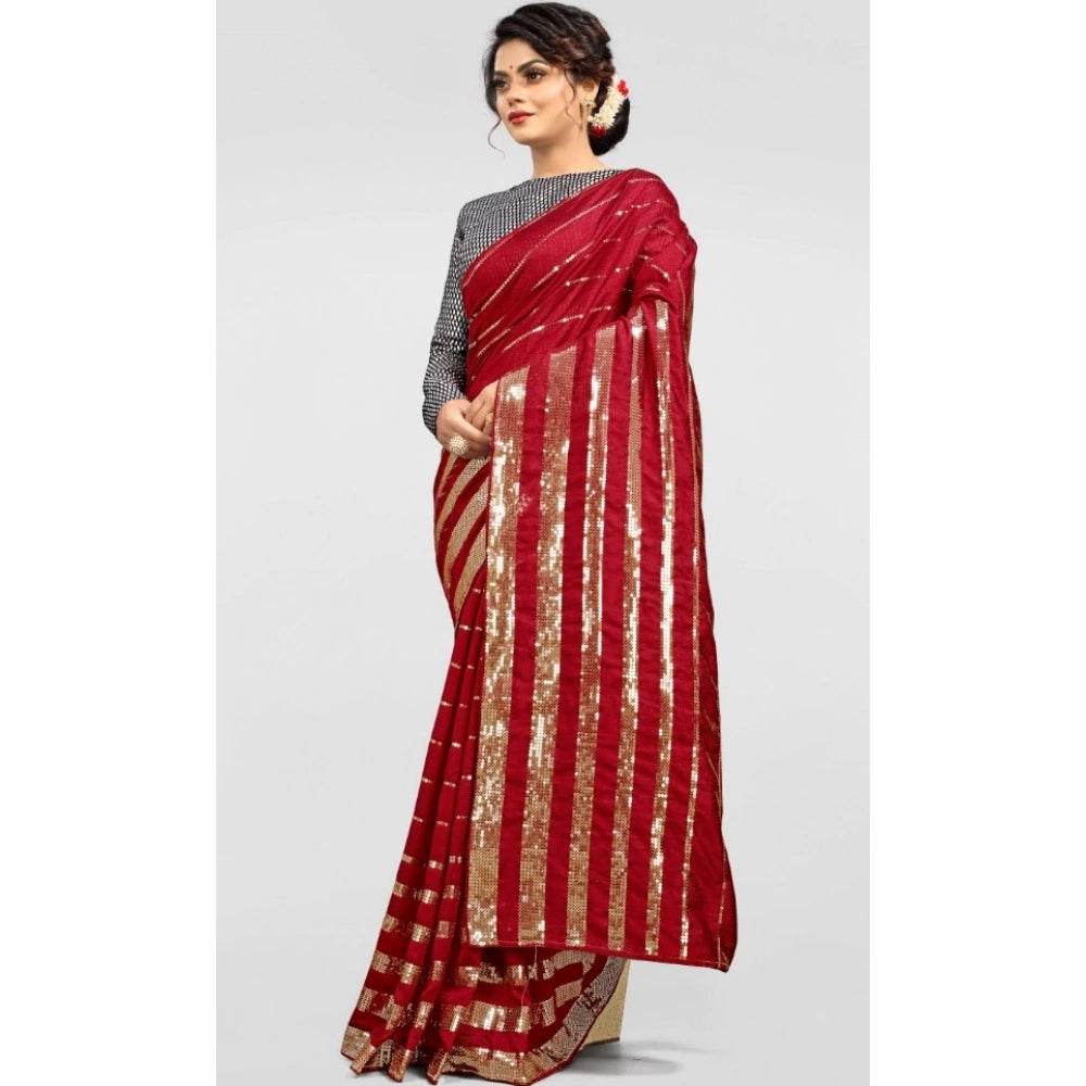 Generic Women's Vichitra Saree with Blouse (Red, 5-6 Mtrs) - MYLUXURY LANE ENTERPRISE