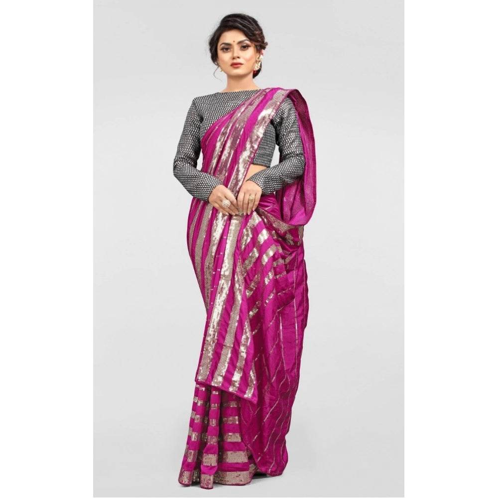 Generic Women's Vichitra Saree with Blouse (Pink, 5-6 Mtrs) - MYLUXURY LANE ENTERPRISE