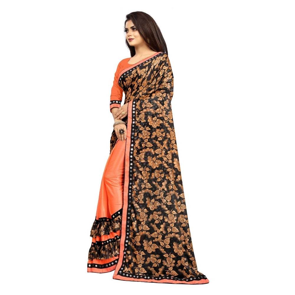 Generic Women's Lycra Blend Saree with Blouse (Orange, 5-6 Mtrs) - MYLUXURY LANE ENTERPRISE