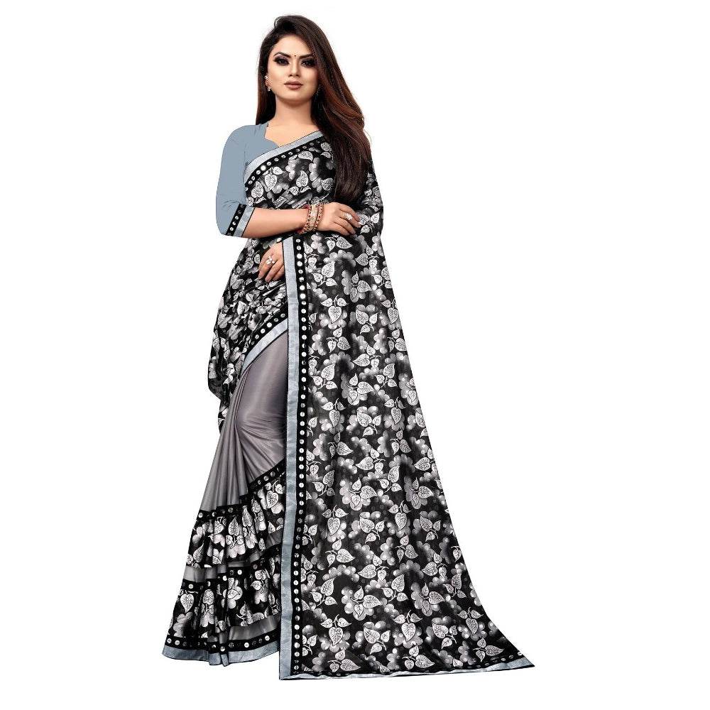 Generic Women's Lycra Blend Saree with Blouse (Grey, 5-6 Mtrs) - MYLUXURY LANE ENTERPRISE