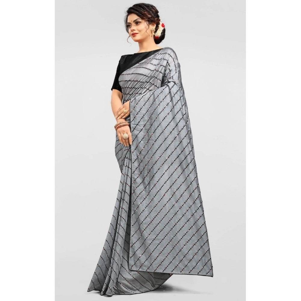 Generic Women's Vichitra Saree with Blouse (Grey, 5-6 Mtrs) - MYLUXURY LANE ENTERPRISE