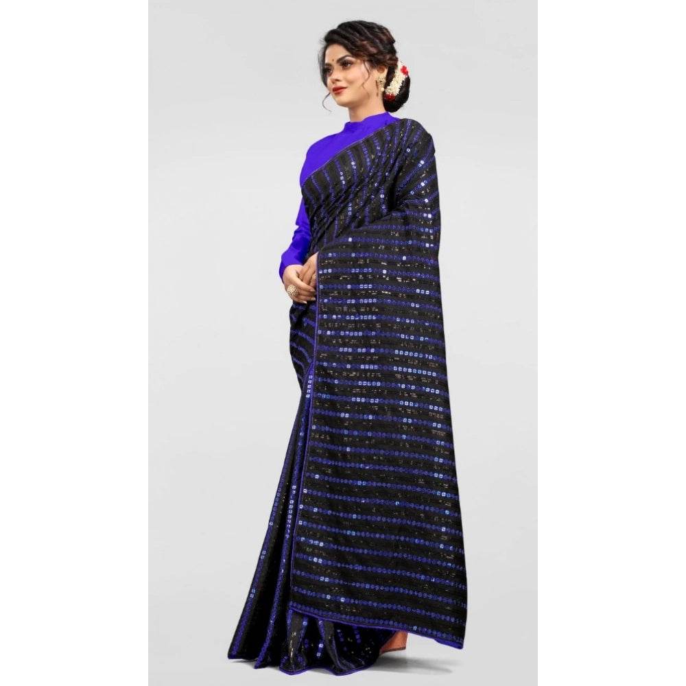 Generic Women's Vichitra Saree with Blouse (Blue, 5-6 Mtrs) - MYLUXURY LANE ENTERPRISE