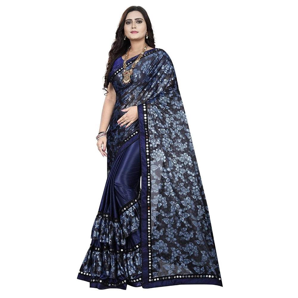 Generic Women's Lycra Blend Saree with Blouse (Blue, 5-6 Mtrs) - MYLUXURY LANE ENTERPRISE