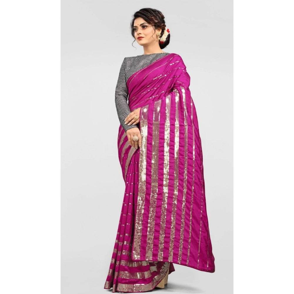 Generic Women's Vichitra Saree with Blouse (Pink, 5-6 Mtrs) - MYLUXURY LANE ENTERPRISE