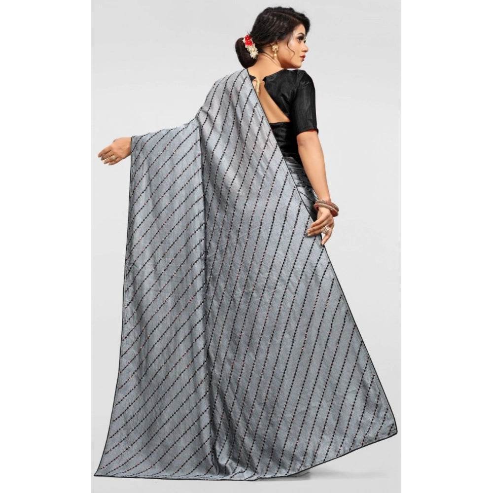 Generic Women's Vichitra Saree with Blouse (Grey, 5-6 Mtrs) - MYLUXURY LANE ENTERPRISE