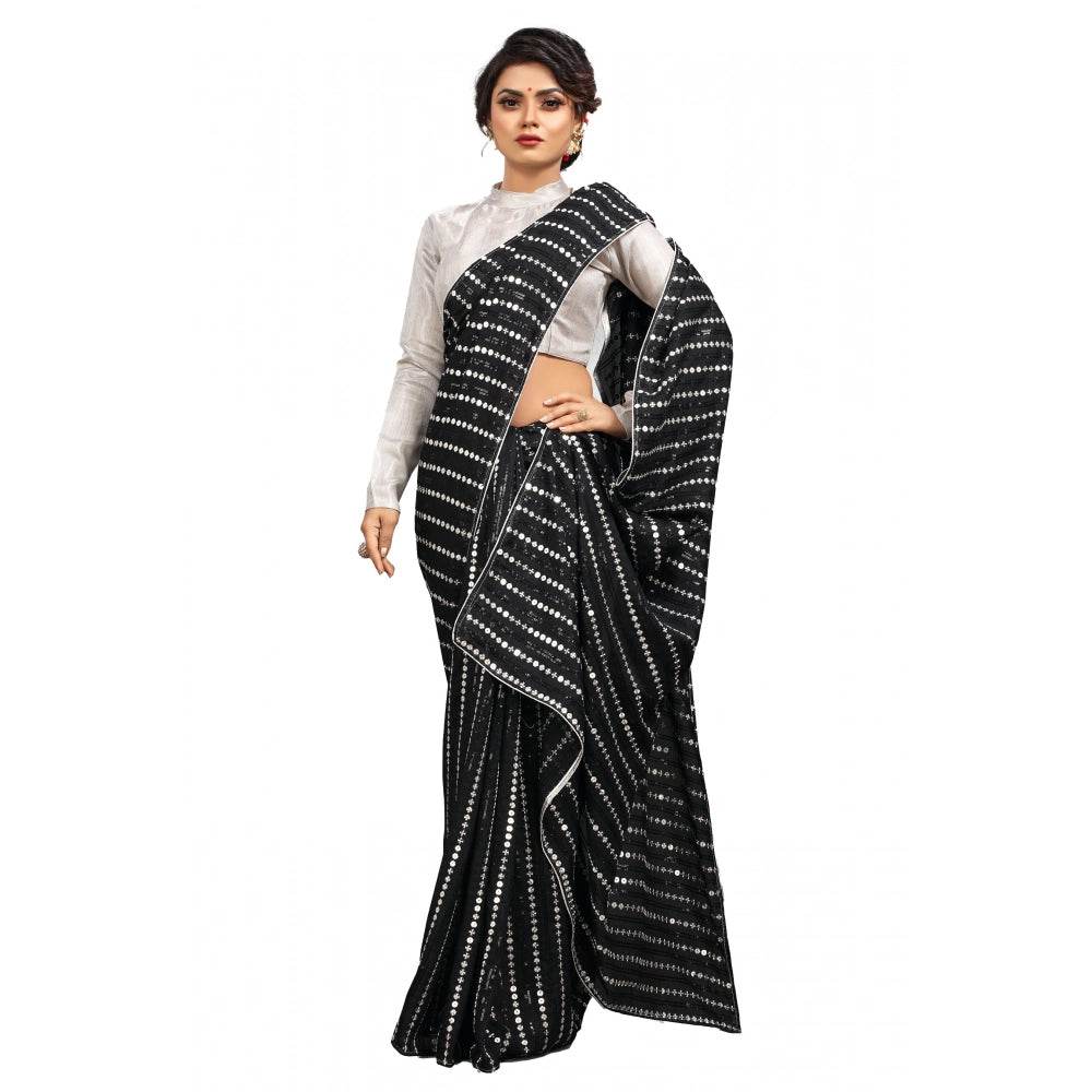 Generic Women's Vichitra Saree with Blouse (Silver, 5-6 Mtrs) - MYLUXURY LANE ENTERPRISE
