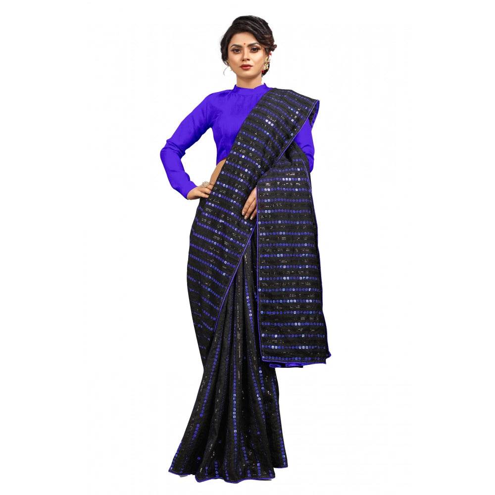 Generic Women's Vichitra Saree with Blouse (Blue, 5-6 Mtrs) - MYLUXURY LANE ENTERPRISE