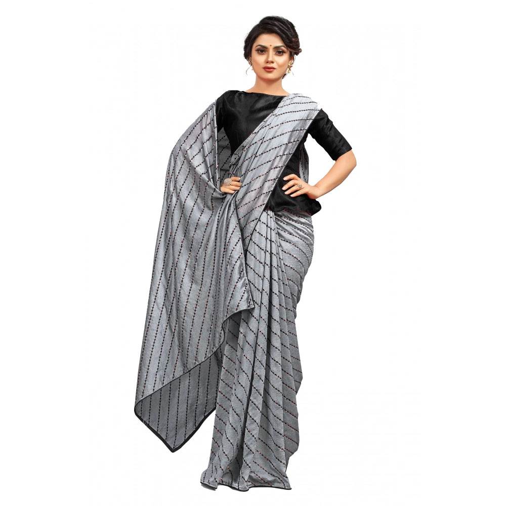 Generic Women's Vichitra Saree with Blouse (Grey, 5-6 Mtrs) - MYLUXURY LANE ENTERPRISE