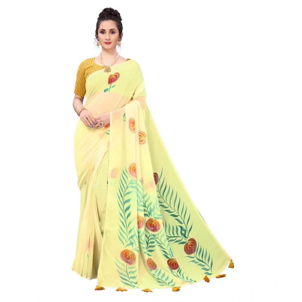Generic Women's Georgette Floral Hand Printed Sarees (Yellow, 5-6 Mtrs) - MYLUXURY LANE ENTERPRISE