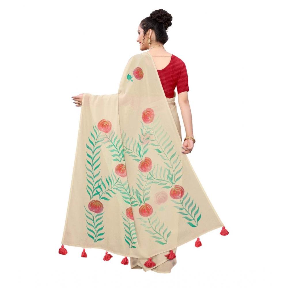 Generic Women's Georgette Floral Hand Printed Sarees (Beige, 5-6 Mtrs) - MYLUXURY LANE ENTERPRISE