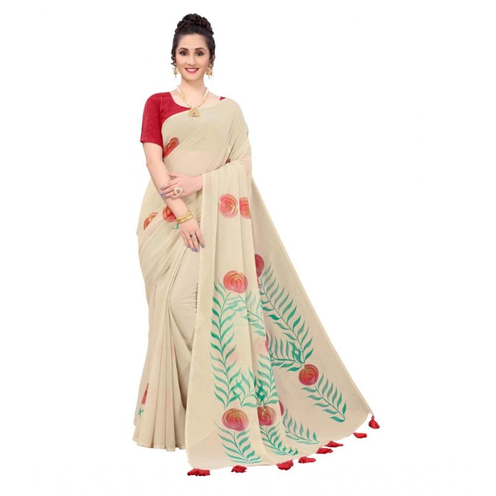 Generic Women's Georgette Floral Hand Printed Sarees (Beige, 5-6 Mtrs) - MYLUXURY LANE ENTERPRISE