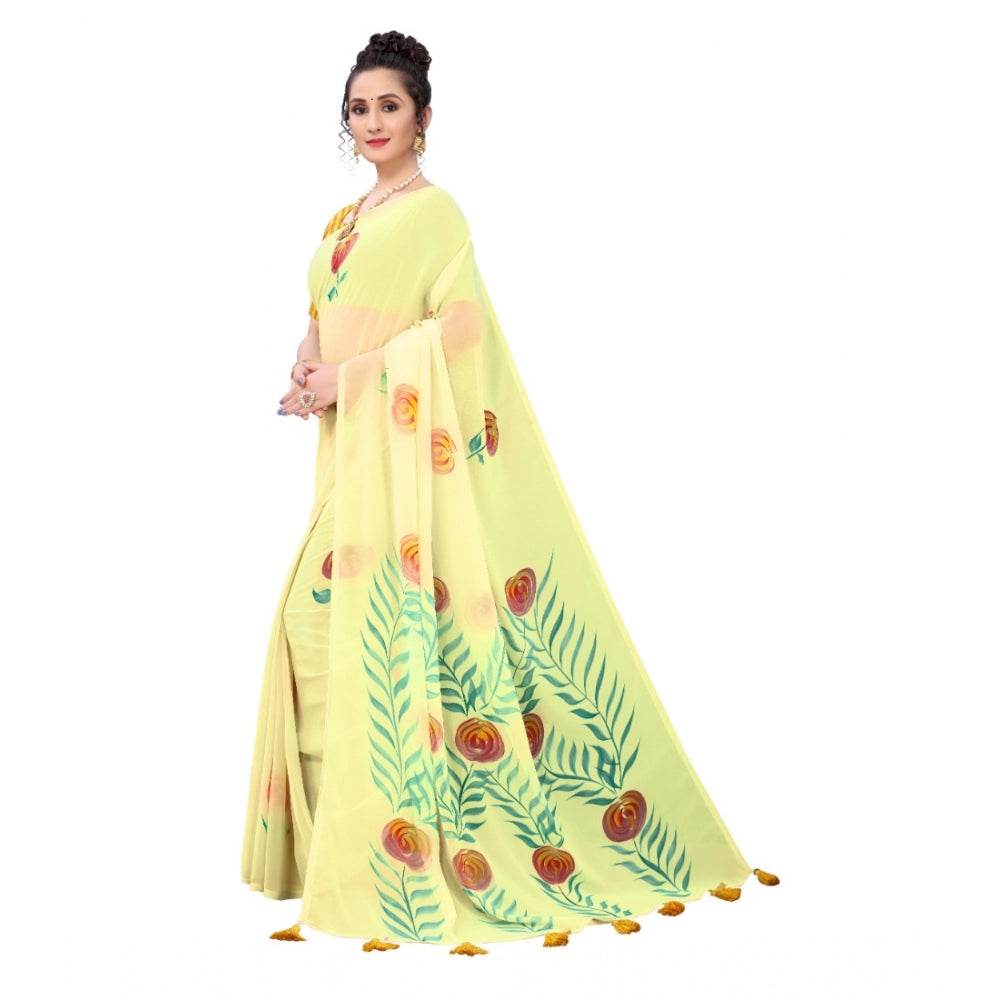 Generic Women's Georgette Floral Hand Printed Sarees (Yellow, 5-6 Mtrs) - MYLUXURY LANE ENTERPRISE