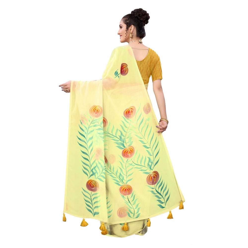 Generic Women's Georgette Floral Hand Printed Sarees (Yellow, 5-6 Mtrs) - MYLUXURY LANE ENTERPRISE