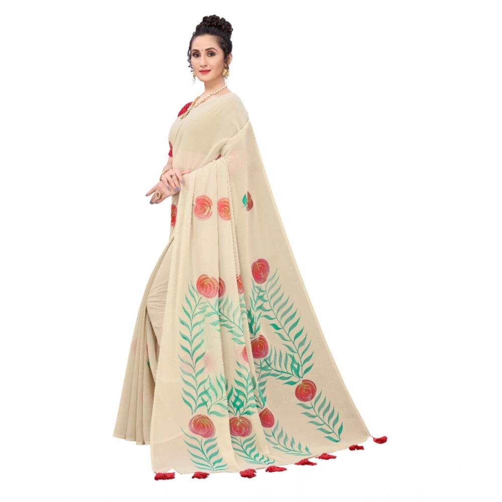 Generic Women's Georgette Floral Hand Printed Sarees (Beige, 5-6 Mtrs) - MYLUXURY LANE ENTERPRISE