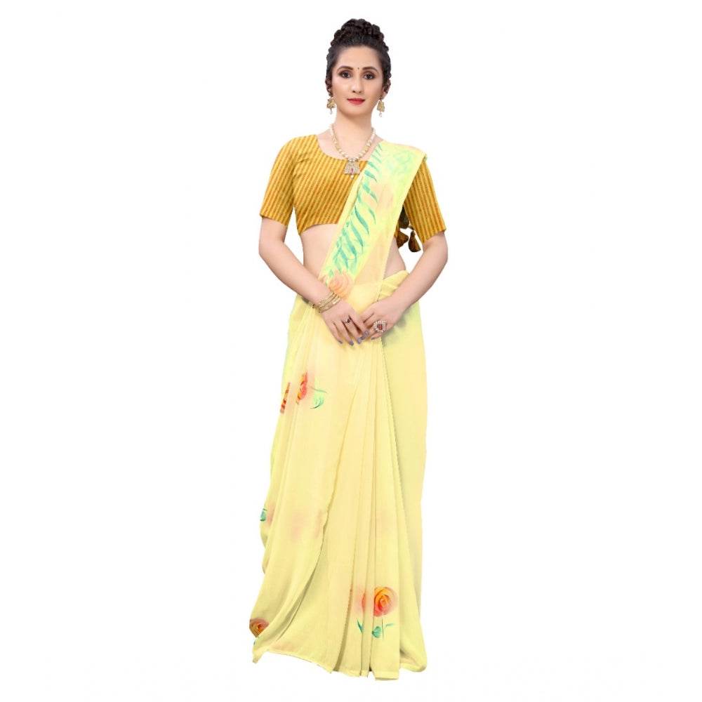 Generic Women's Georgette Floral Hand Printed Sarees (Yellow, 5-6 Mtrs) - MYLUXURY LANE ENTERPRISE