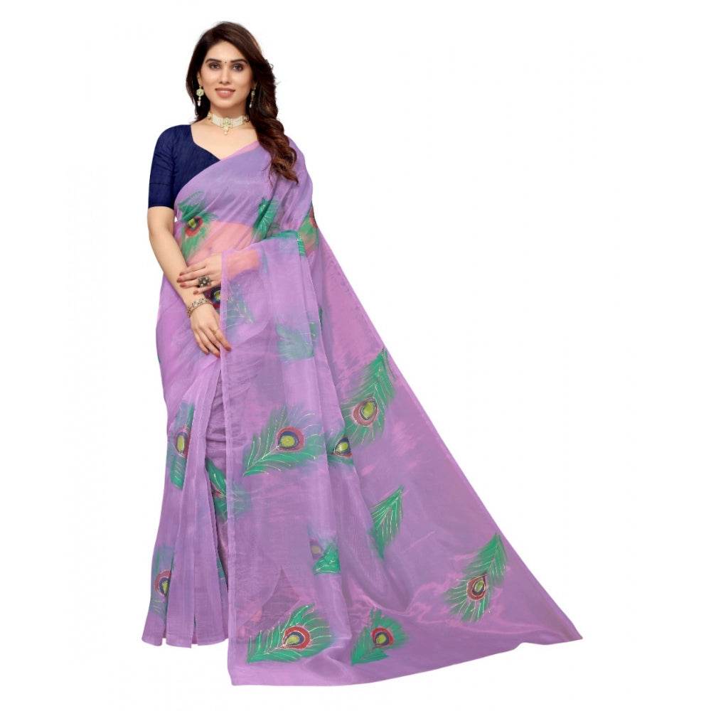 Generic Women's Organza Floral Pattern Sarees (Lavendor, 5-6 Mtrs) - MYLUXURY LANE ENTERPRISE