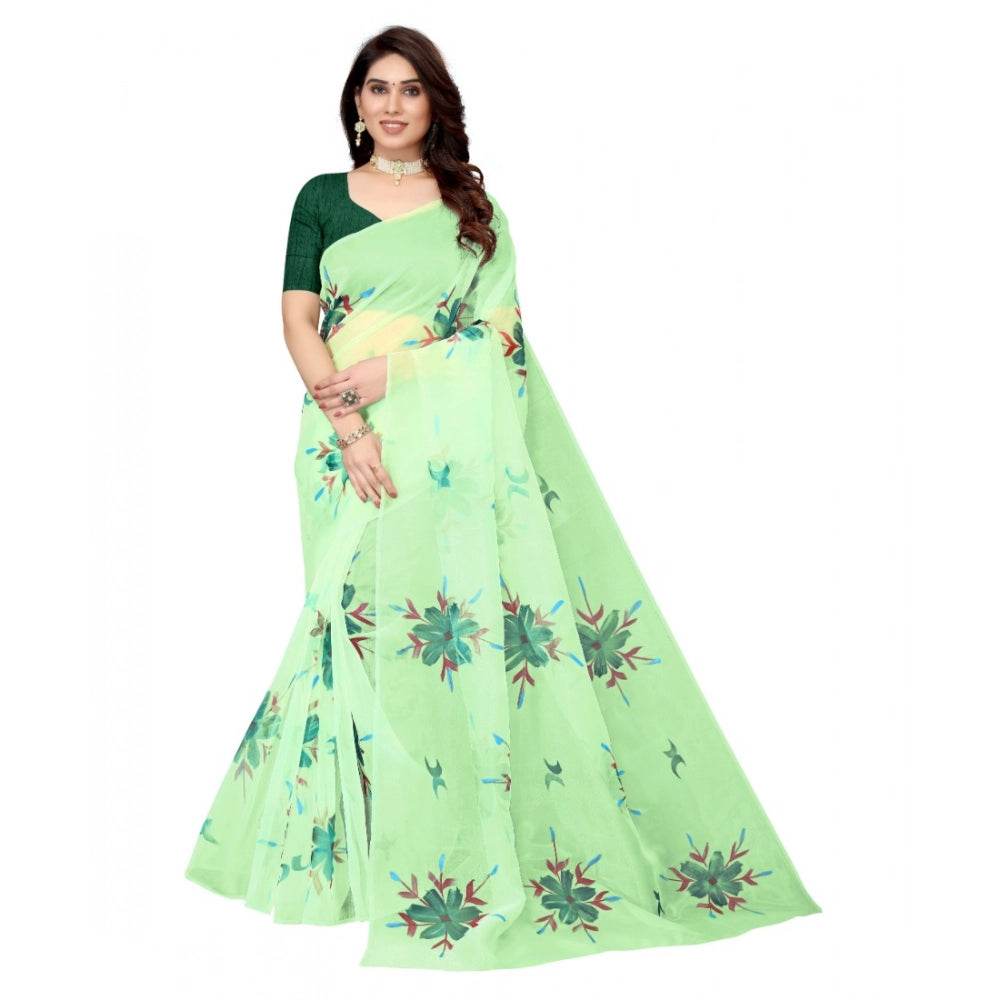 Generic Women's Organza Floral Pattern Sarees (Parrot Green, 5-6 Mtrs) - MYLUXURY LANE ENTERPRISE