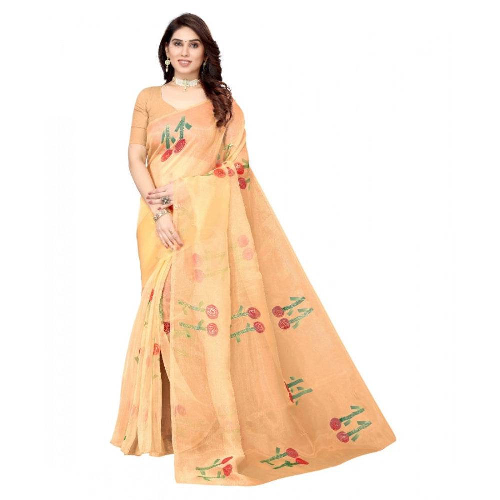 Generic Women's Organza Floral Pattern Sarees (Orange, 5-6 Mtrs) - MYLUXURY LANE ENTERPRISE
