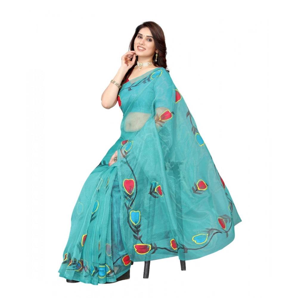 Generic Women's Organza Floral Pattern Sarees (Rama, 5-6 Mtrs) - MYLUXURY LANE ENTERPRISE