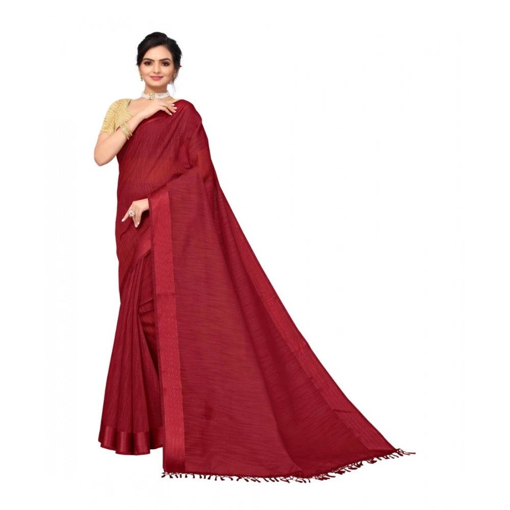 Generic Women's Cotton Blend Stripe Pattern Sarees (Maroon, 5-6 Mtrs) - MYLUXURY LANE ENTERPRISE