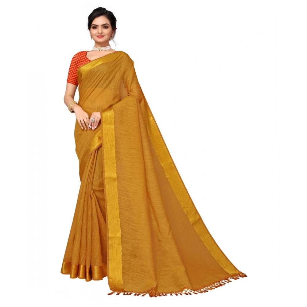 Generic Women's Cotton Blend Stripe Pattern Sarees (Mustard, 5-6 Mtrs) - MYLUXURY LANE ENTERPRISE
