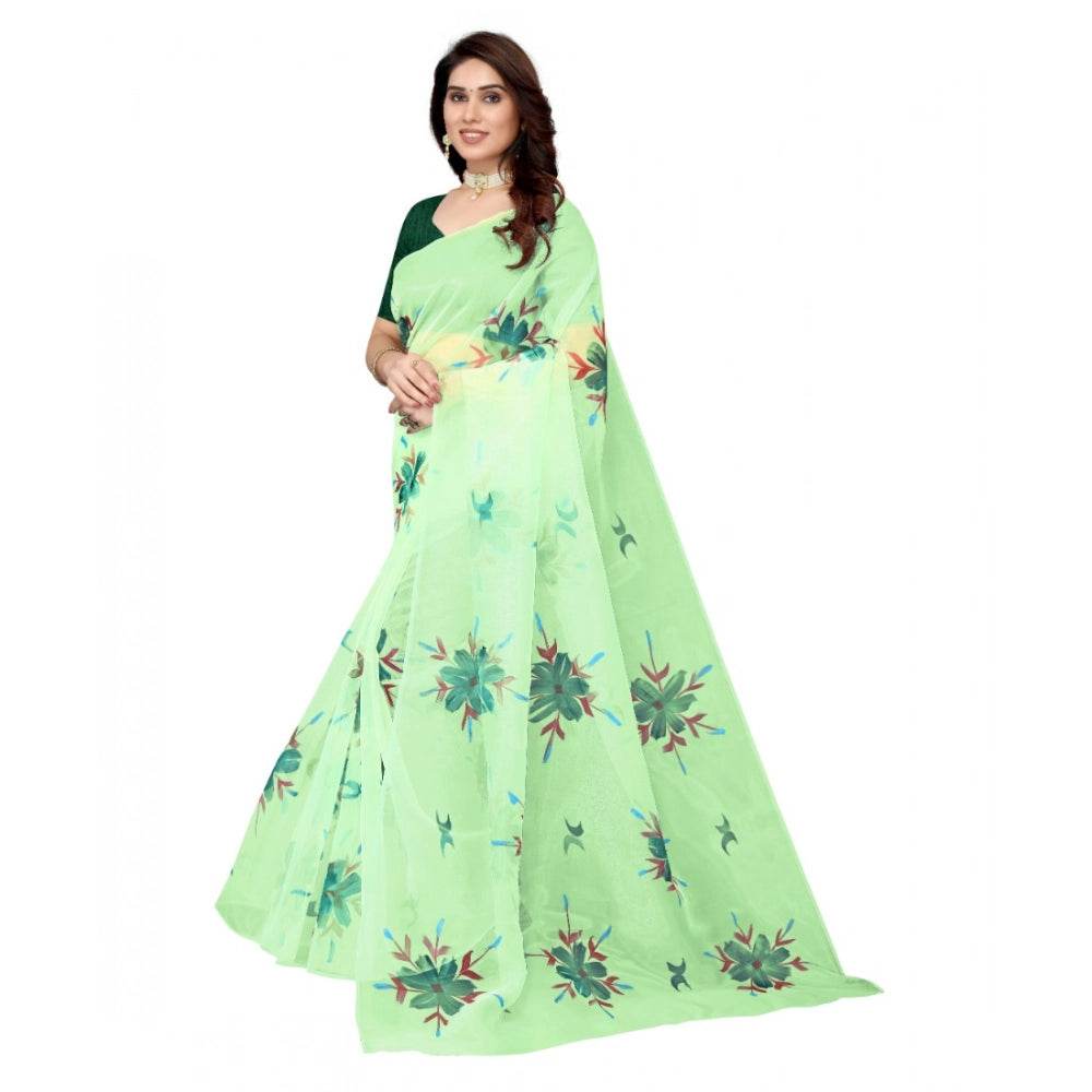 Generic Women's Organza Floral Pattern Sarees (Parrot Green, 5-6 Mtrs) - MYLUXURY LANE ENTERPRISE