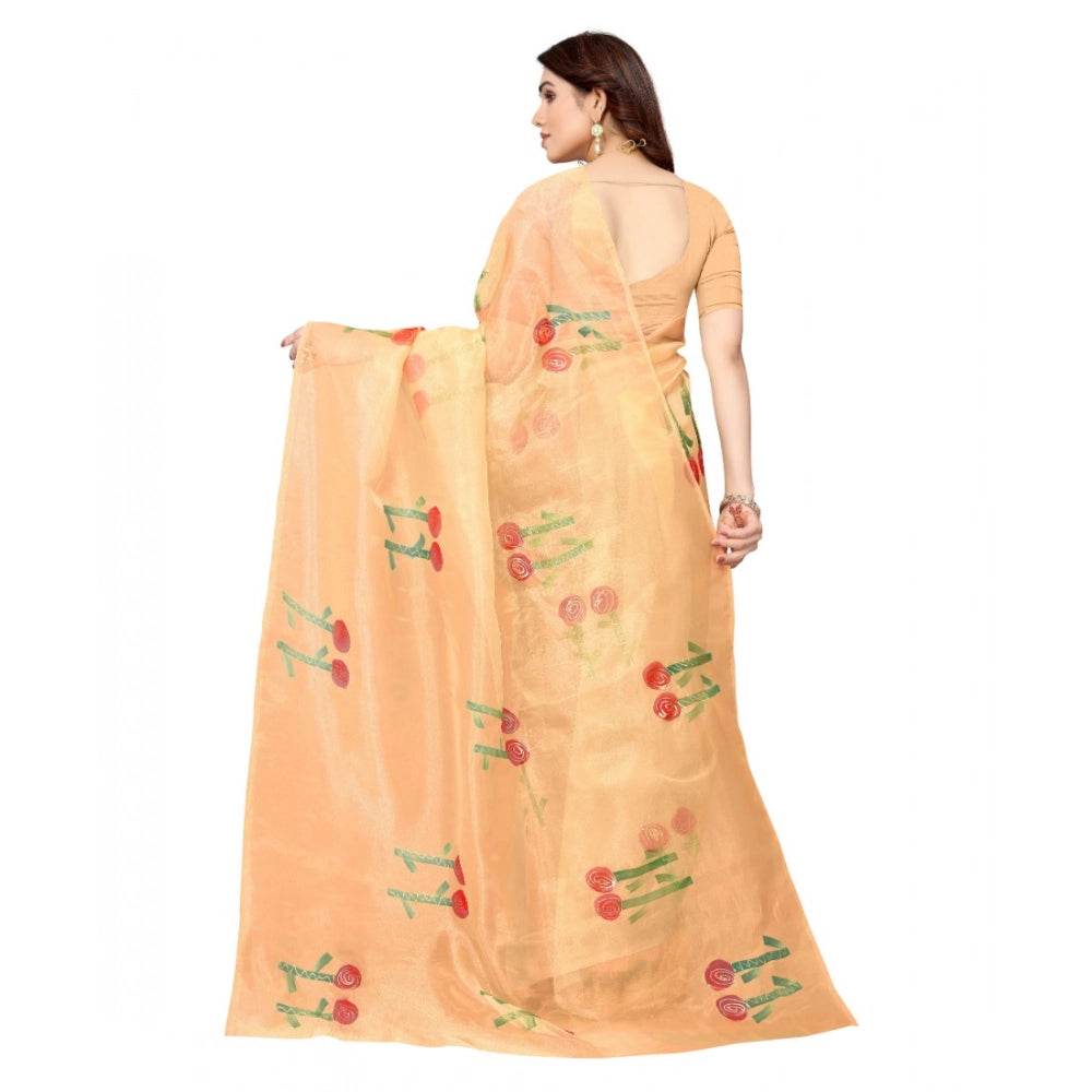 Generic Women's Organza Floral Pattern Sarees (Orange, 5-6 Mtrs) - MYLUXURY LANE ENTERPRISE