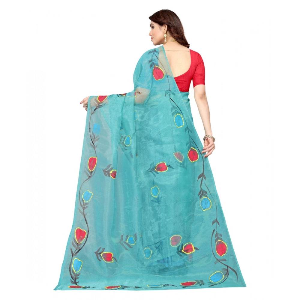 Generic Women's Organza Floral Pattern Sarees (Rama, 5-6 Mtrs) - MYLUXURY LANE ENTERPRISE