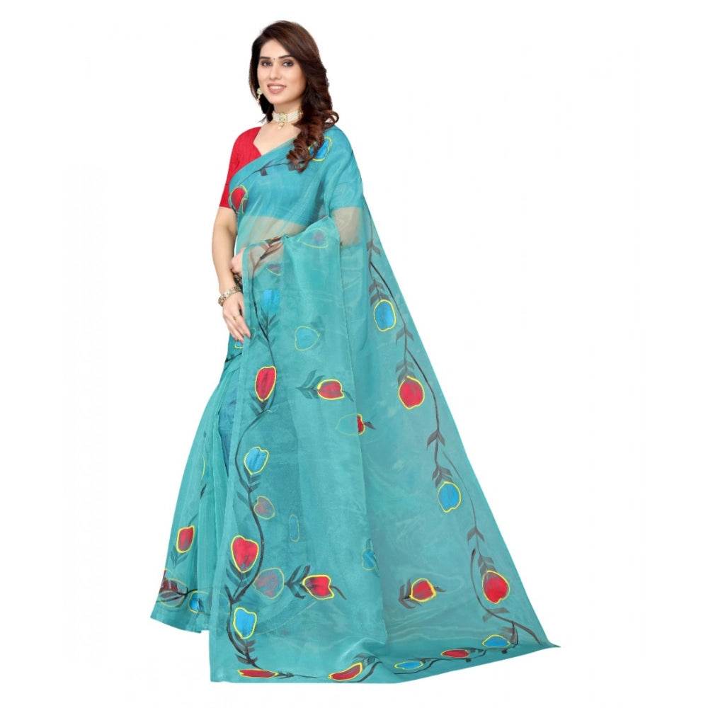 Generic Women's Organza Floral Pattern Sarees (Rama, 5-6 Mtrs) - MYLUXURY LANE ENTERPRISE