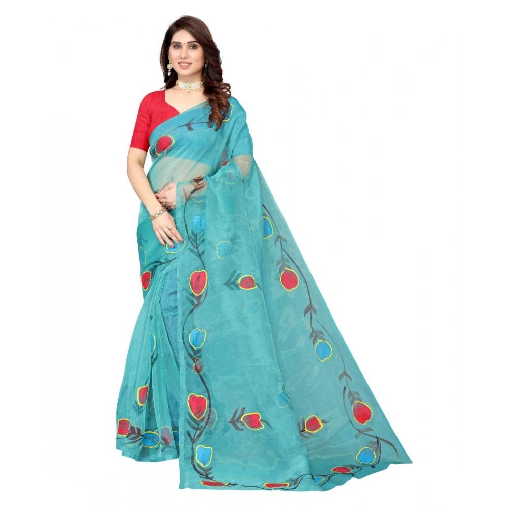 Generic Women's Organza Floral Pattern Sarees (Rama, 5-6 Mtrs) - MYLUXURY LANE ENTERPRISE