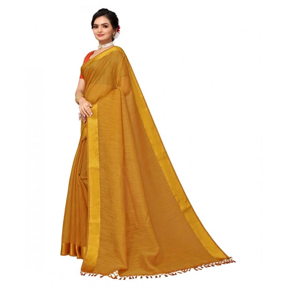 Generic Women's Cotton Blend Stripe Pattern Sarees (Mustard, 5-6 Mtrs) - MYLUXURY LANE ENTERPRISE