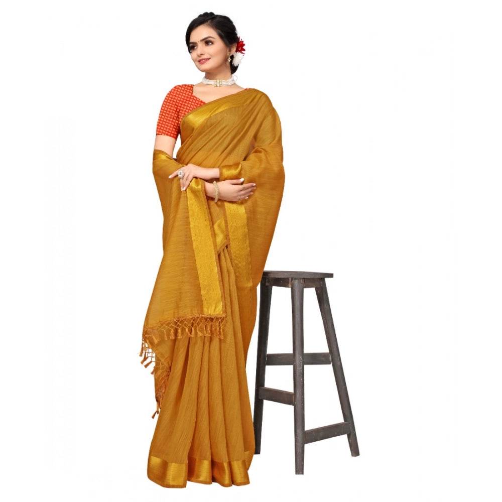 Generic Women's Cotton Blend Stripe Pattern Sarees (Mustard, 5-6 Mtrs) - MYLUXURY LANE ENTERPRISE