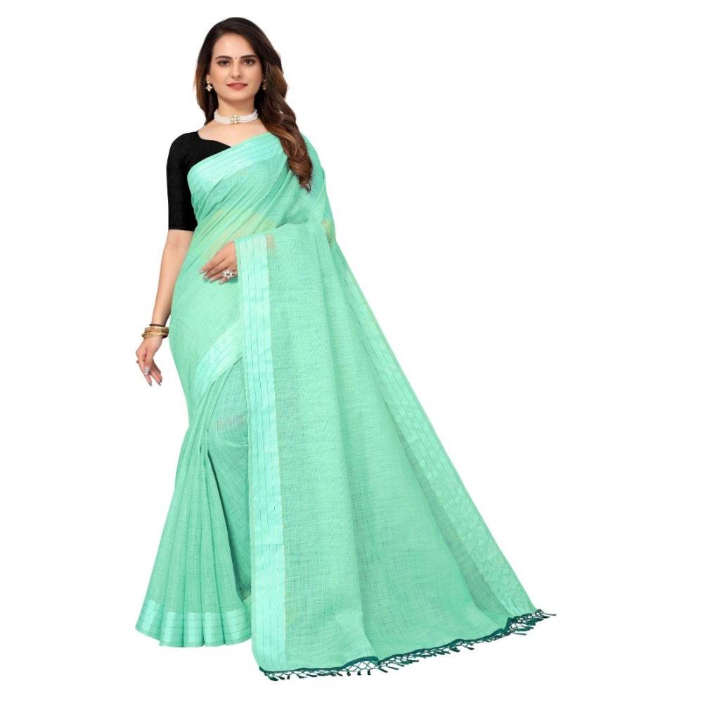 Generic Women's Cotton Blend Slub Pattern Sarees (Rama, 5-6 Mtrs) - MYLUXURY LANE ENTERPRISE