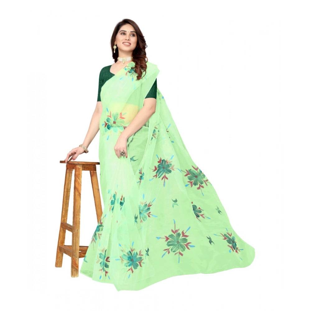 Generic Women's Organza Floral Pattern Sarees (Parrot Green, 5-6 Mtrs) - MYLUXURY LANE ENTERPRISE