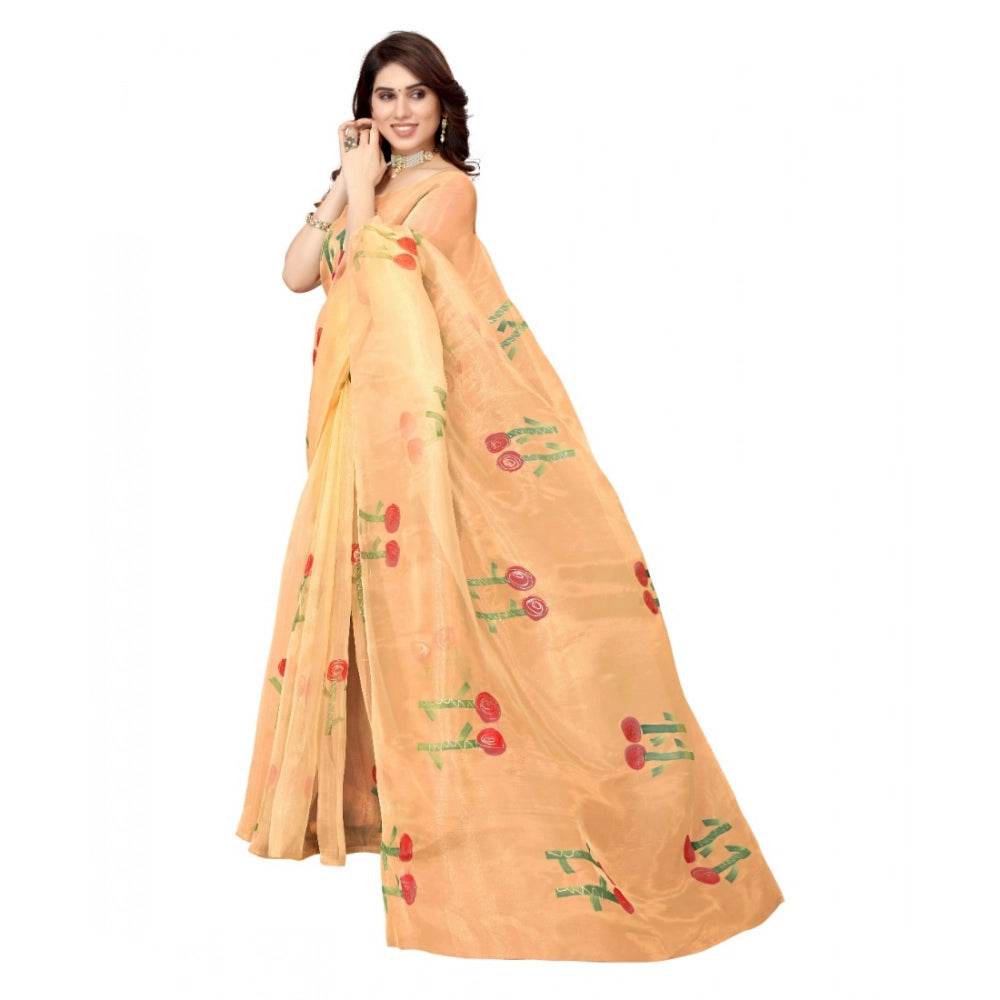Generic Women's Organza Floral Pattern Sarees (Orange, 5-6 Mtrs) - MYLUXURY LANE ENTERPRISE