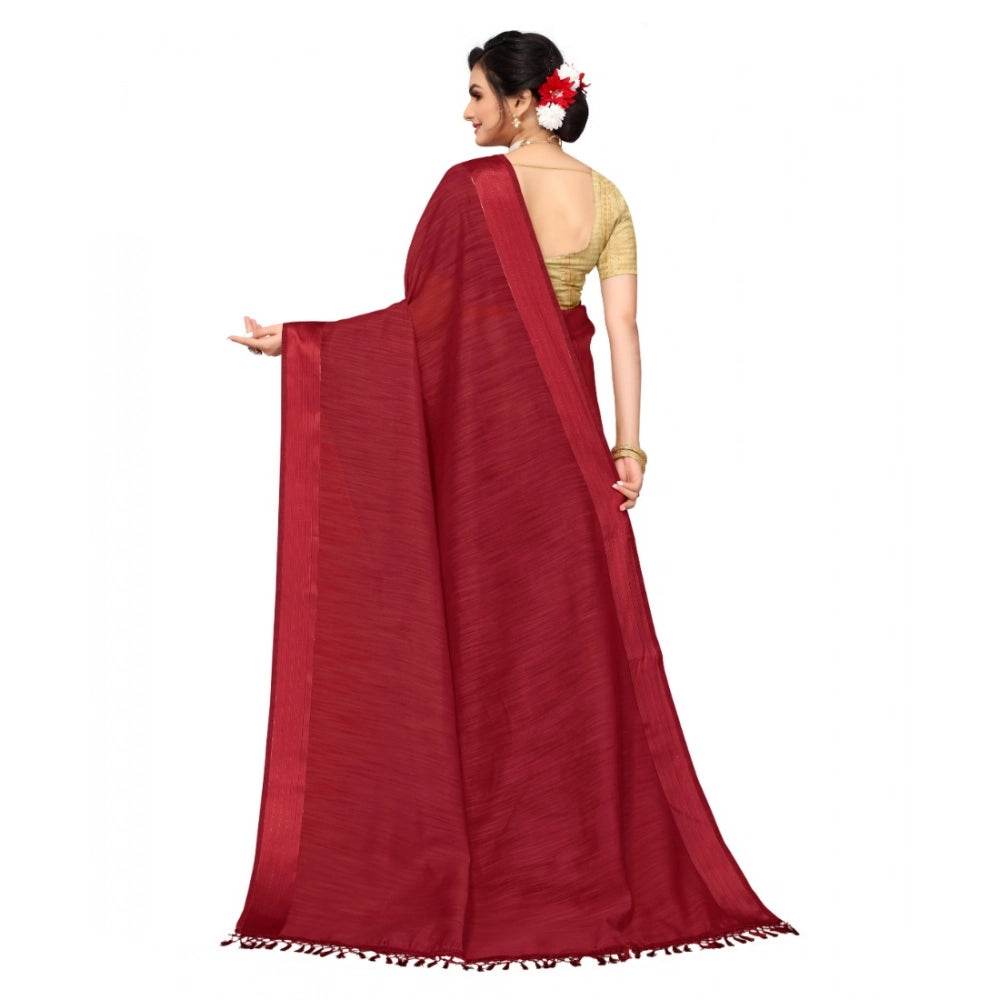 Generic Women's Cotton Blend Stripe Pattern Sarees (Maroon, 5-6 Mtrs) - MYLUXURY LANE ENTERPRISE